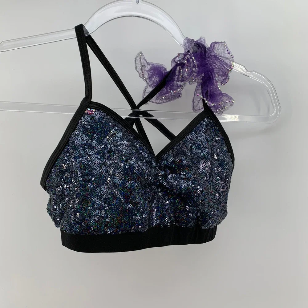 Black Sequin Dance Bra Top w/ Strappy Back & Matching Scrunchie Youth MC